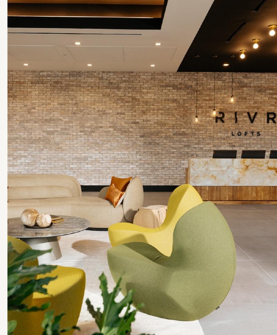 RIVR Lofts lobby with sculptural seating