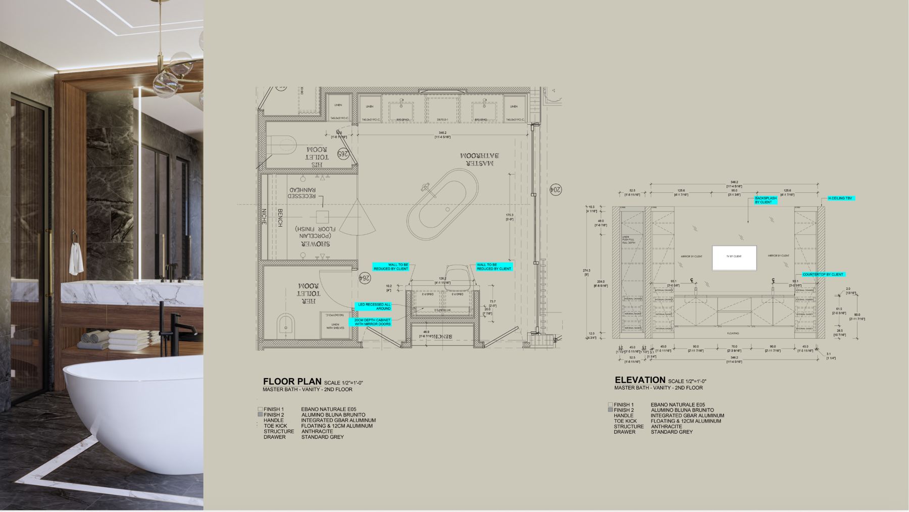 Master bath floor plan and vanity elevation