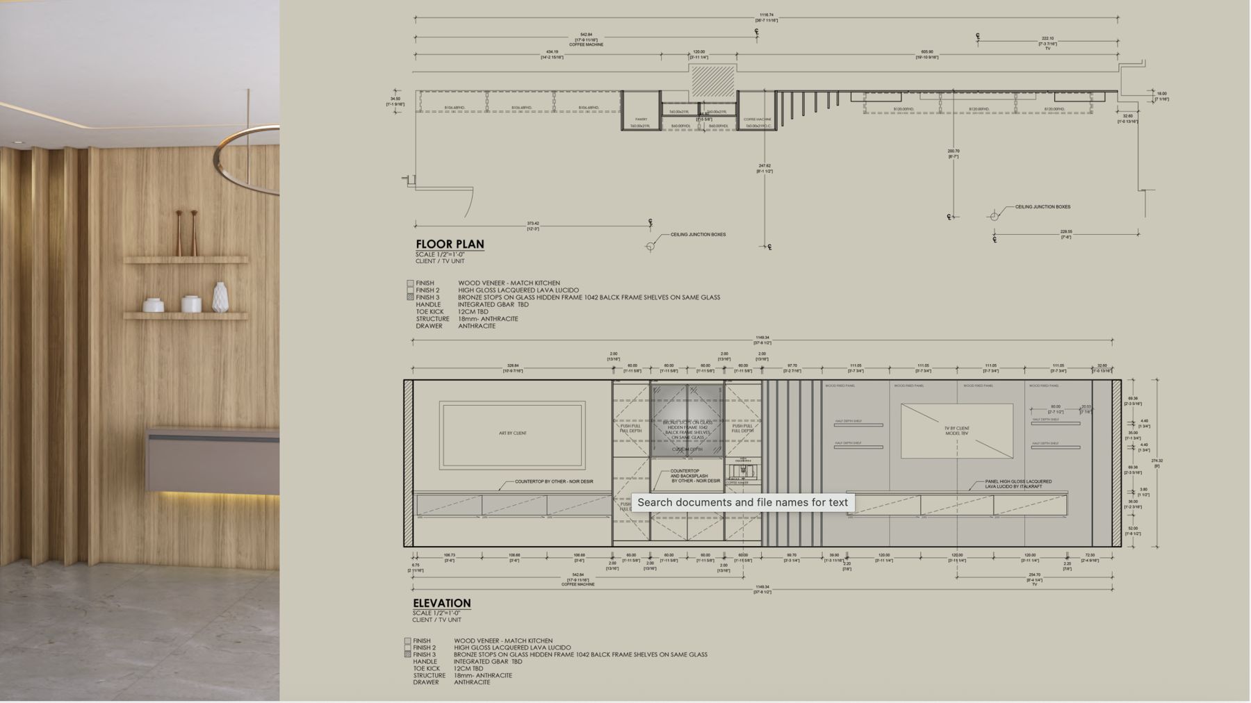 TV unit floor plan and elevation