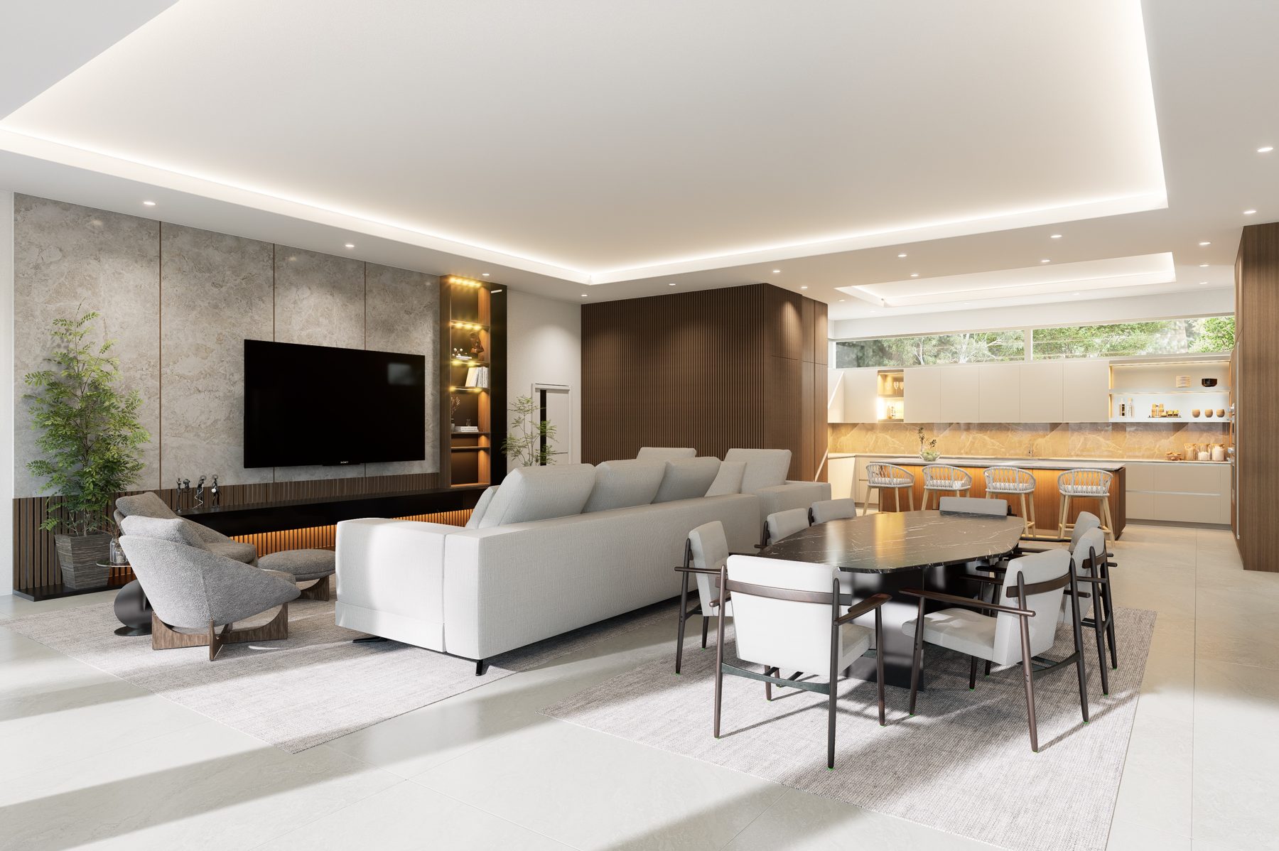 Rendered living, dining, and kitchen