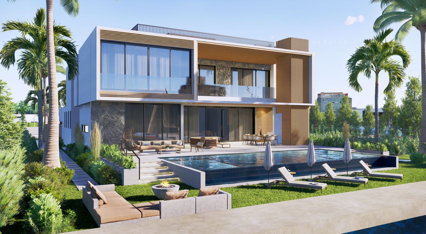 Rendered waterfront villa with pool